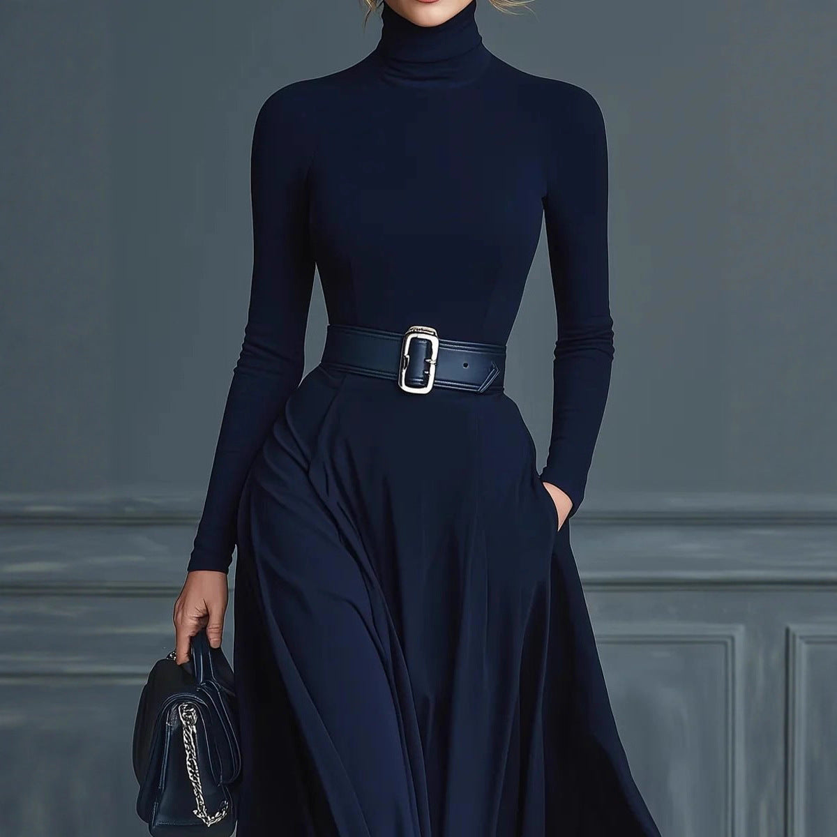 Women's Long-sleeved Solid Color Turtleneck Dress Long Dresses