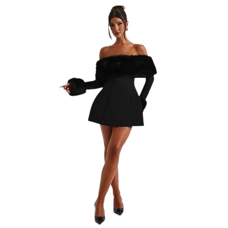 Women's Fur Collar Sexy Long Sleeve Slim Fit Slimming Dress