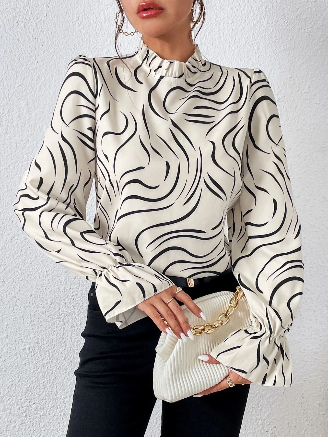 Women's Printed Ruffled Long Sleeve Collar Shirt Blouses