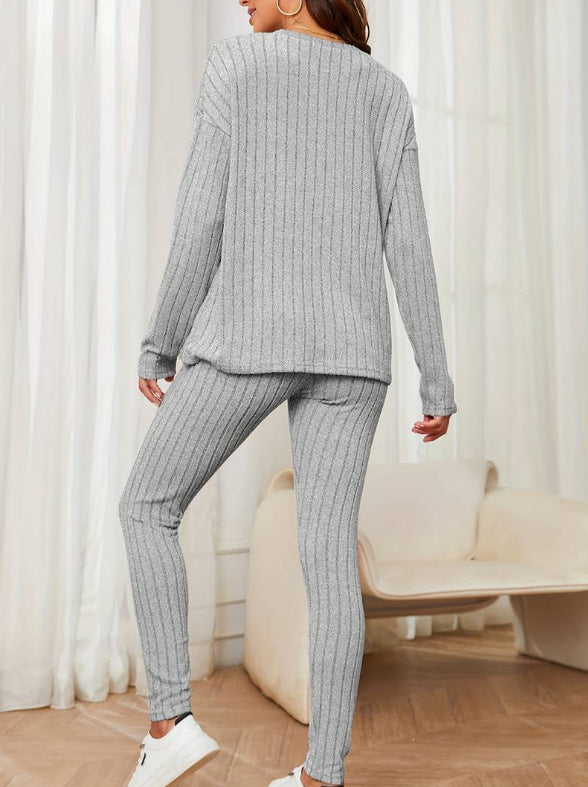 Women's Style Loose Round Neck Sunken Stripe Suits