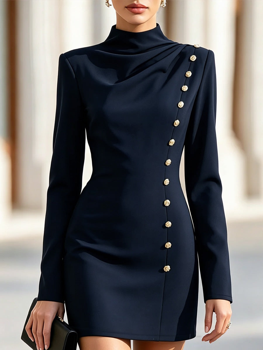 Half Turtleneck Pleated Slim Fit Metal Buckle Long Sleeve Skirts