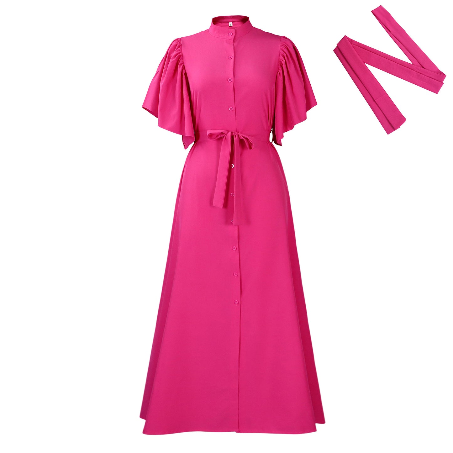 Fashion Flared Sleeves Single Breasted Belt Waist Dress