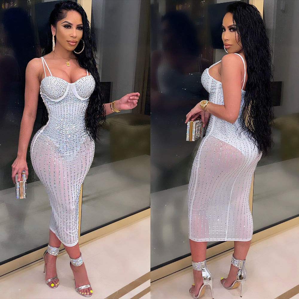 Women's Classic Sling Rhinestone Slim Dress Dresses