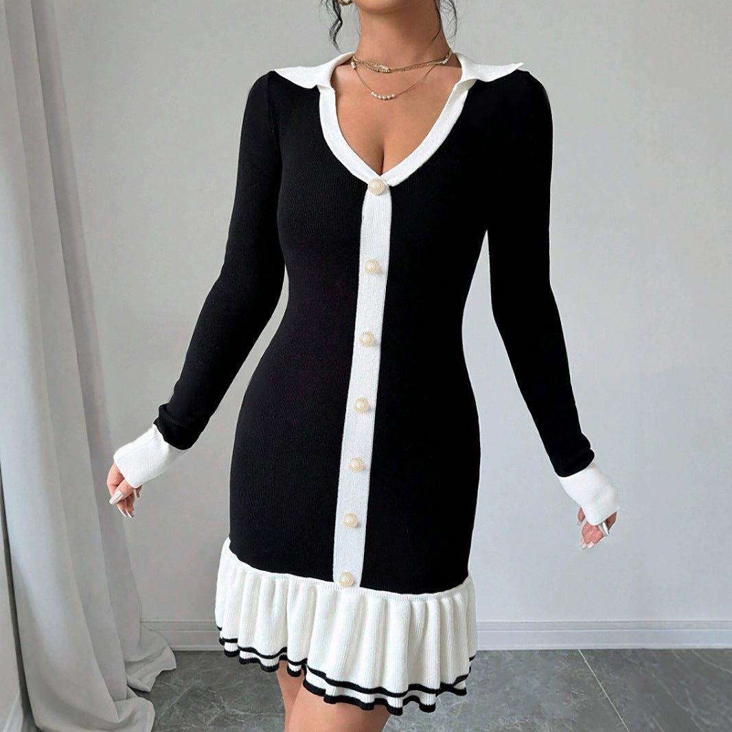 Pleated Contrast Color Lapels Button Long Dresses