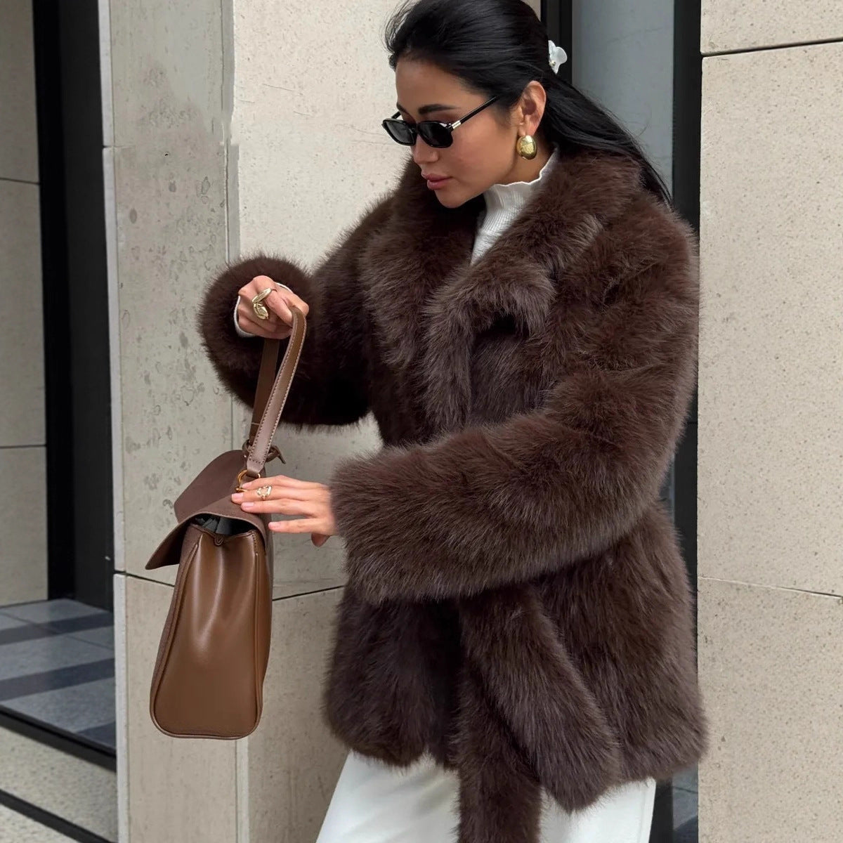 Women's Winter Thickened Faux Fur Mid-length Belt Fox Coats