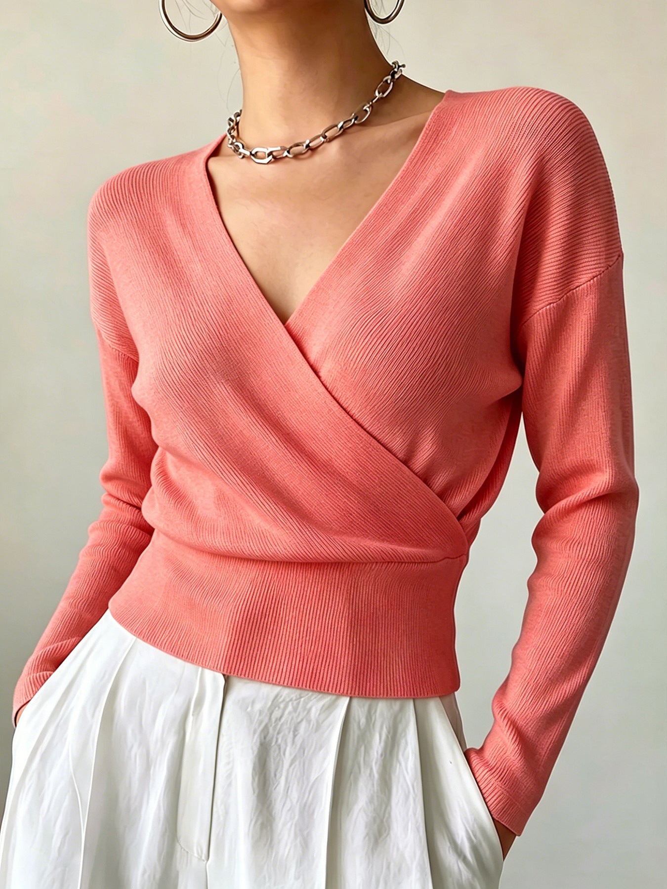 Women's Solid Color Fashion Cross Collar Tight Waist Design Show Figure Sweaters