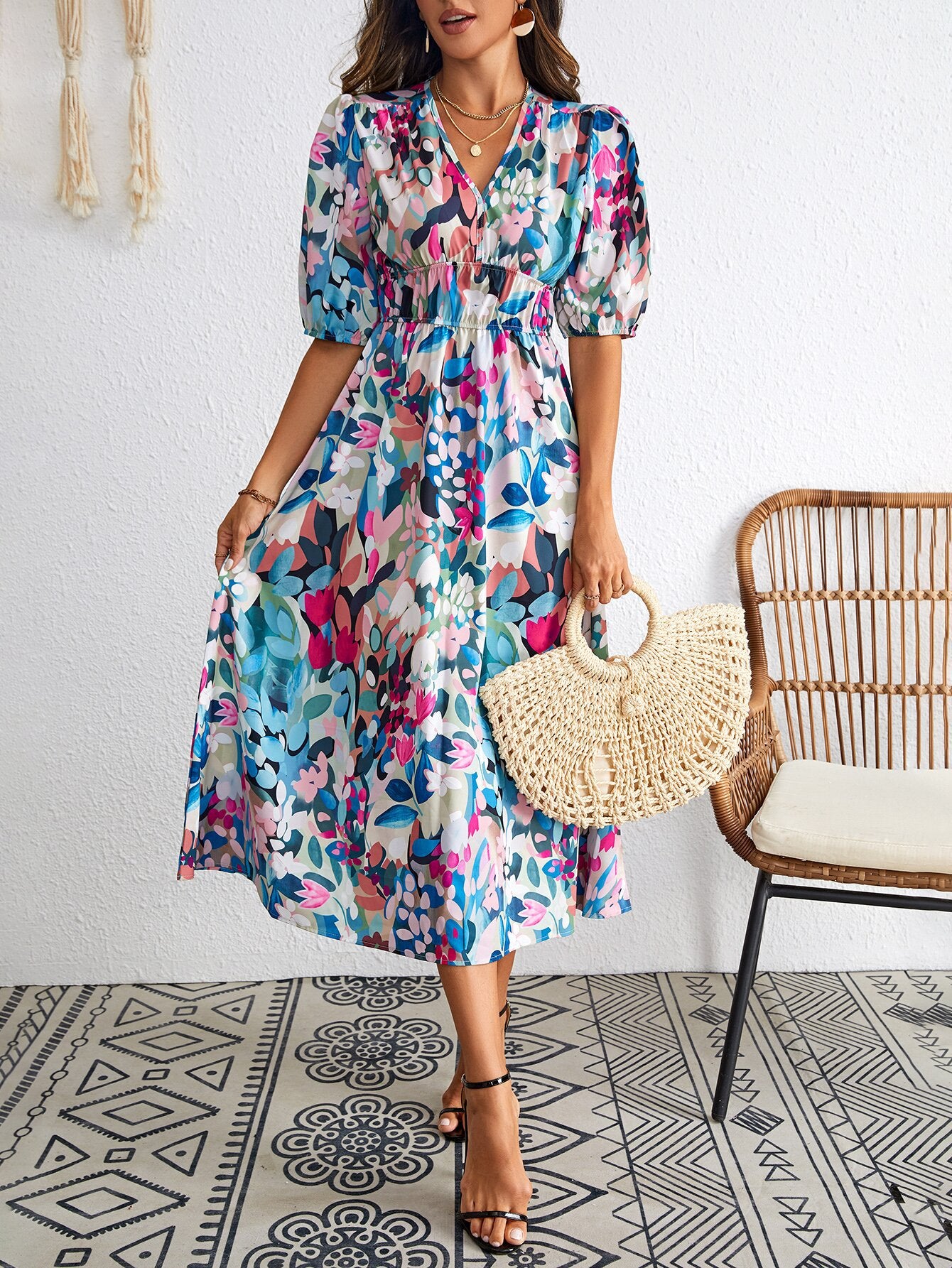 Classy Women's Summer Fashion Printed Waist Dress