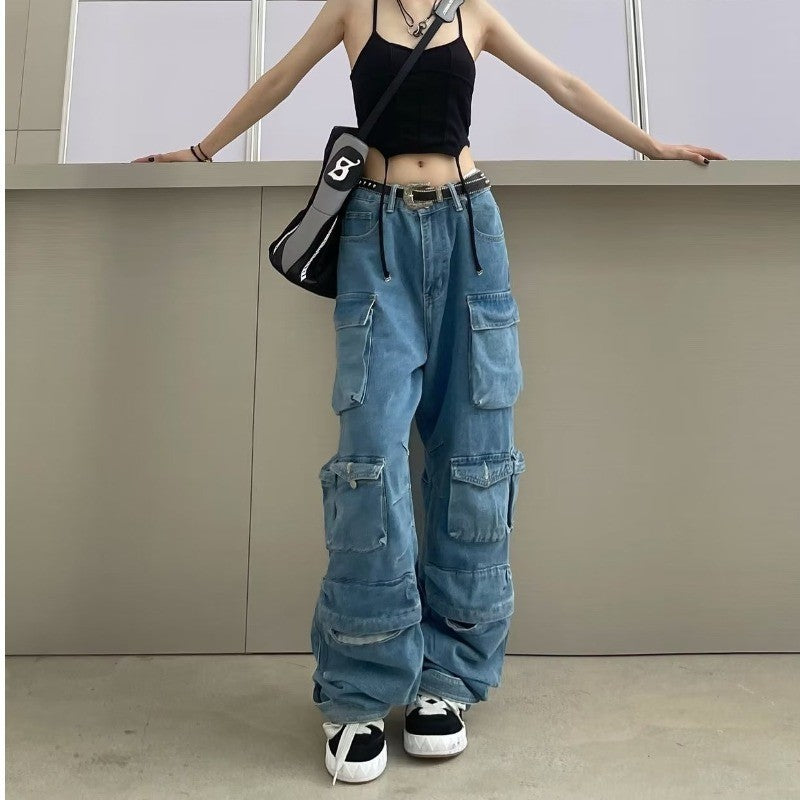 Street Hipster Fashion Smoky Gray Stitching Cargo Washed Pants