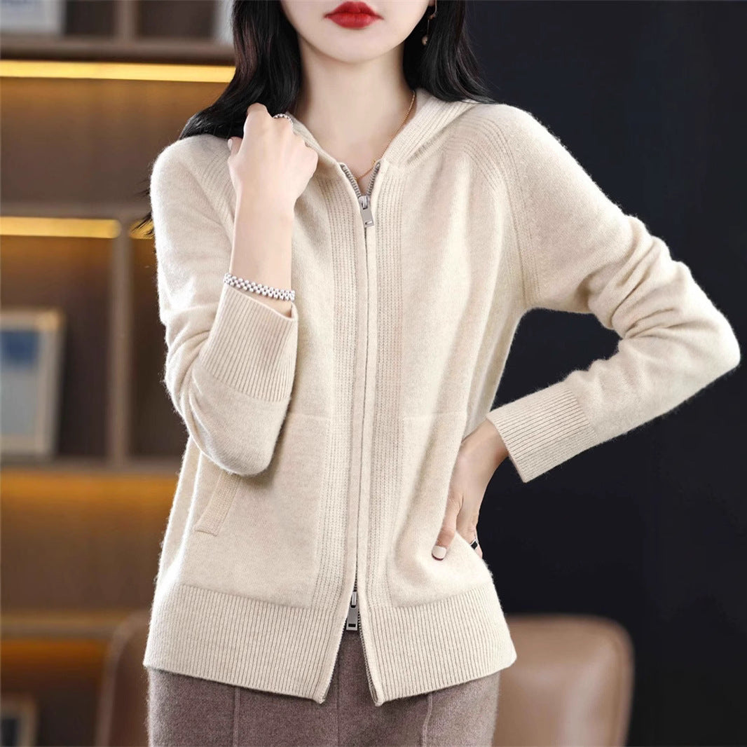 Women's Elegant Double Zipper Hooded Solid Color Sweater