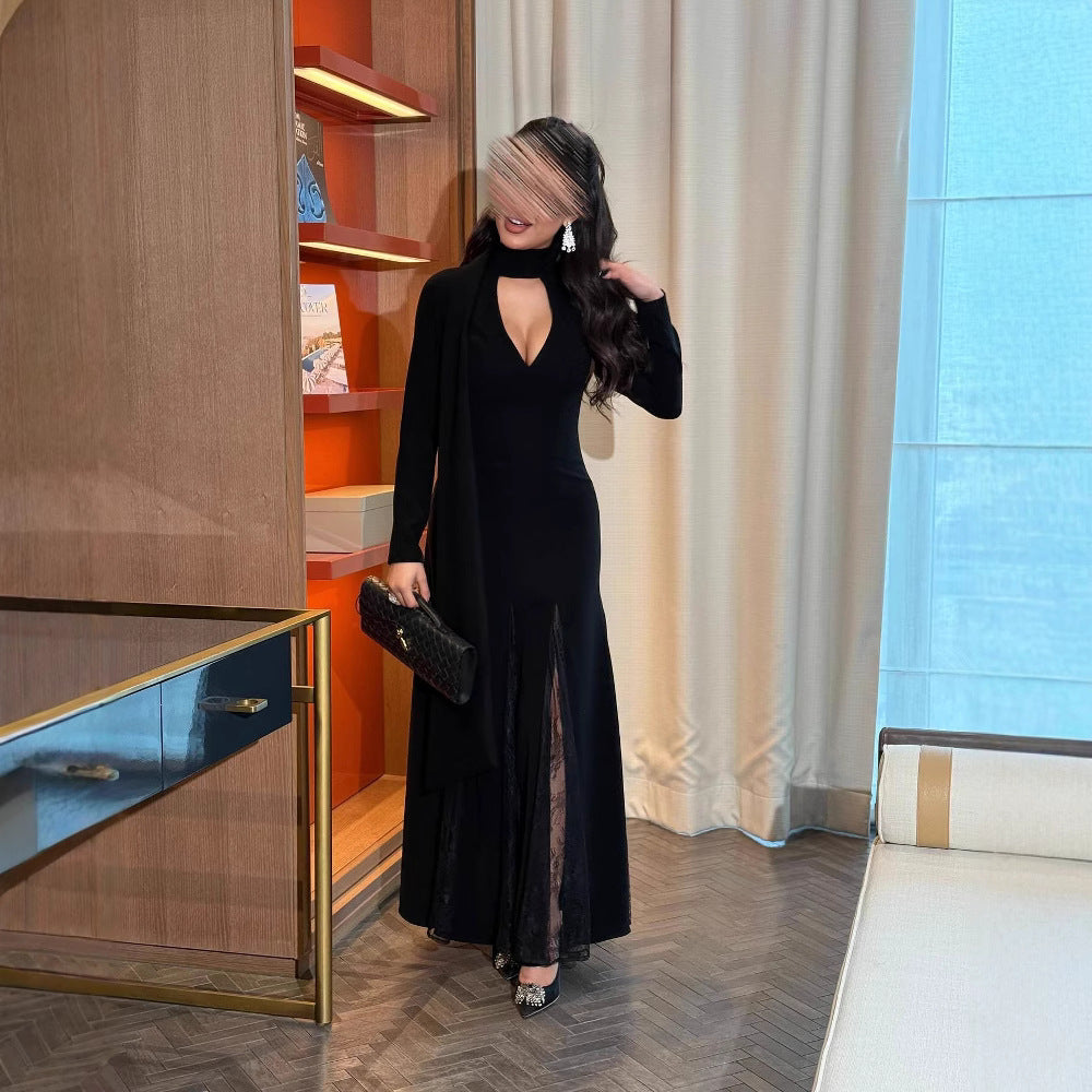 Women's Round Neck Stitching Lace Long Sleeve Slim Dresses