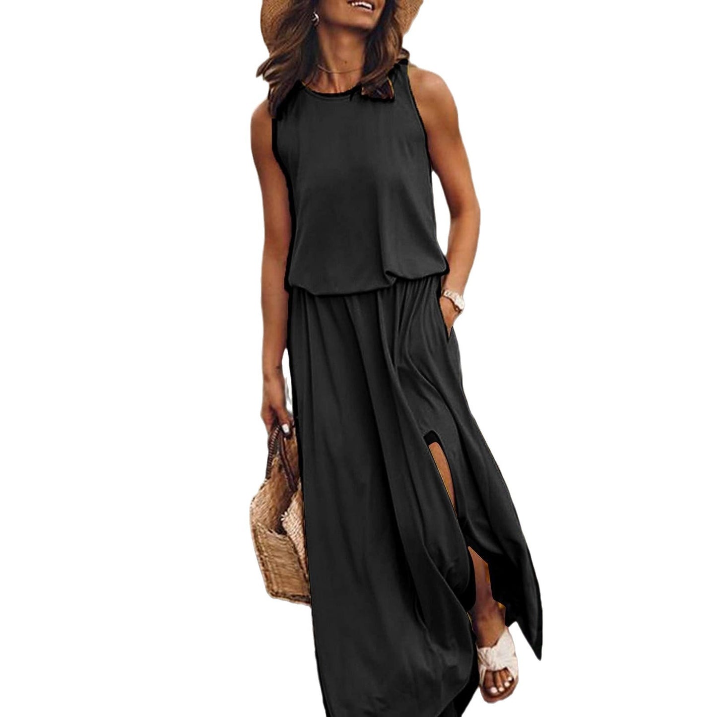 Women's Summer Round Neck Sleeveless Dress Split Dresses