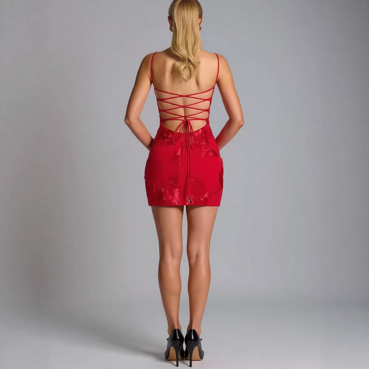 Women's Red For Three-dimensional Flower Embroidered Strap Dress