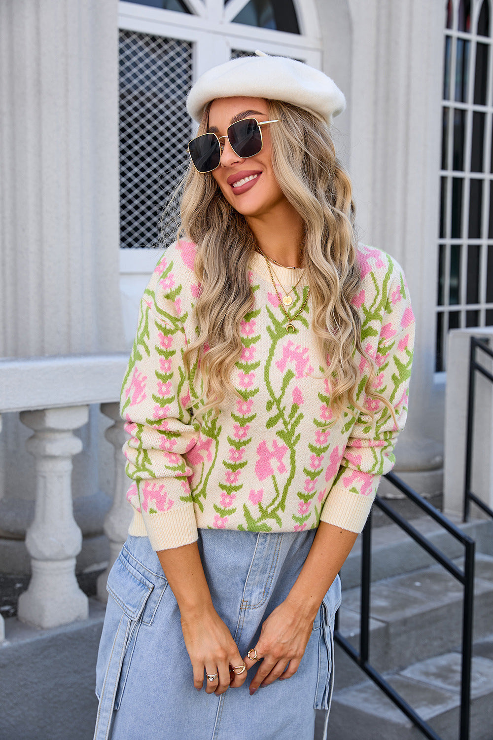 Women's Spring Jacquard Branch Round Neck Flower Knitted Sweaters