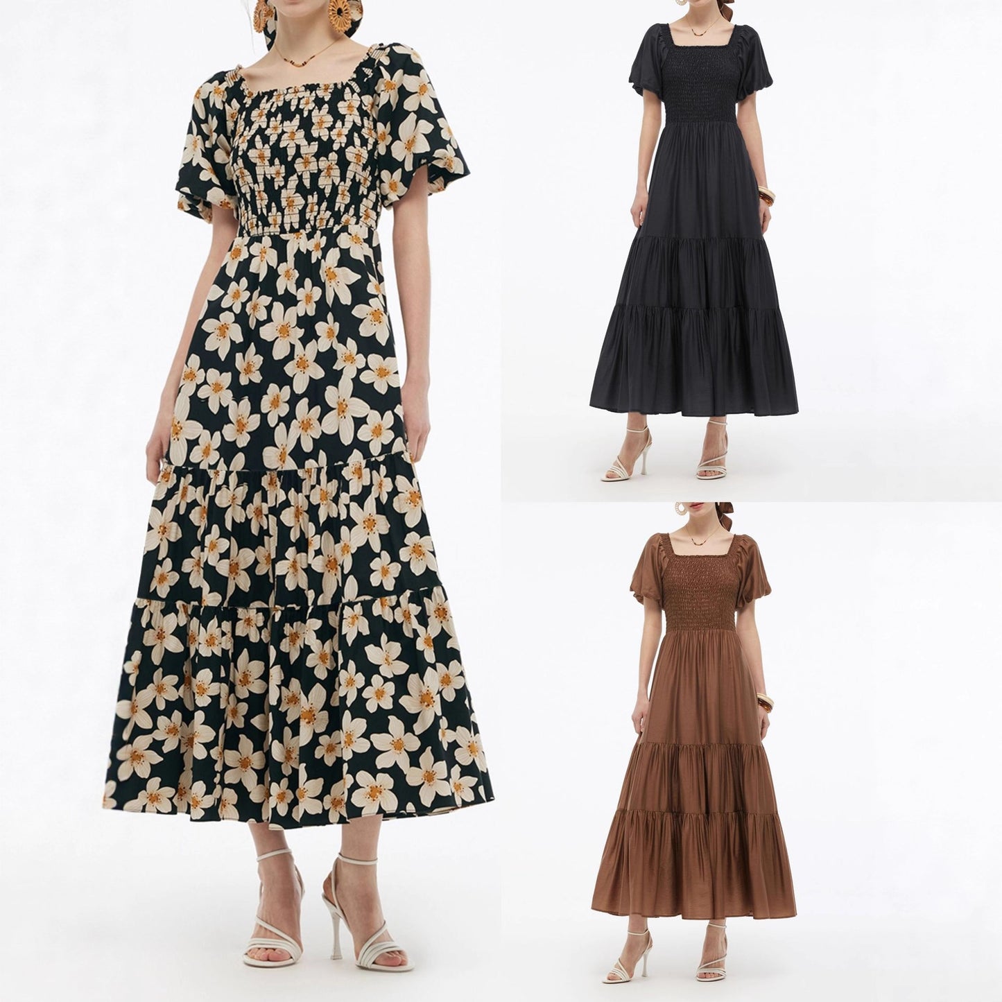 Women's Waist Trimming Printing Ruffles Elegant Fashion Dress