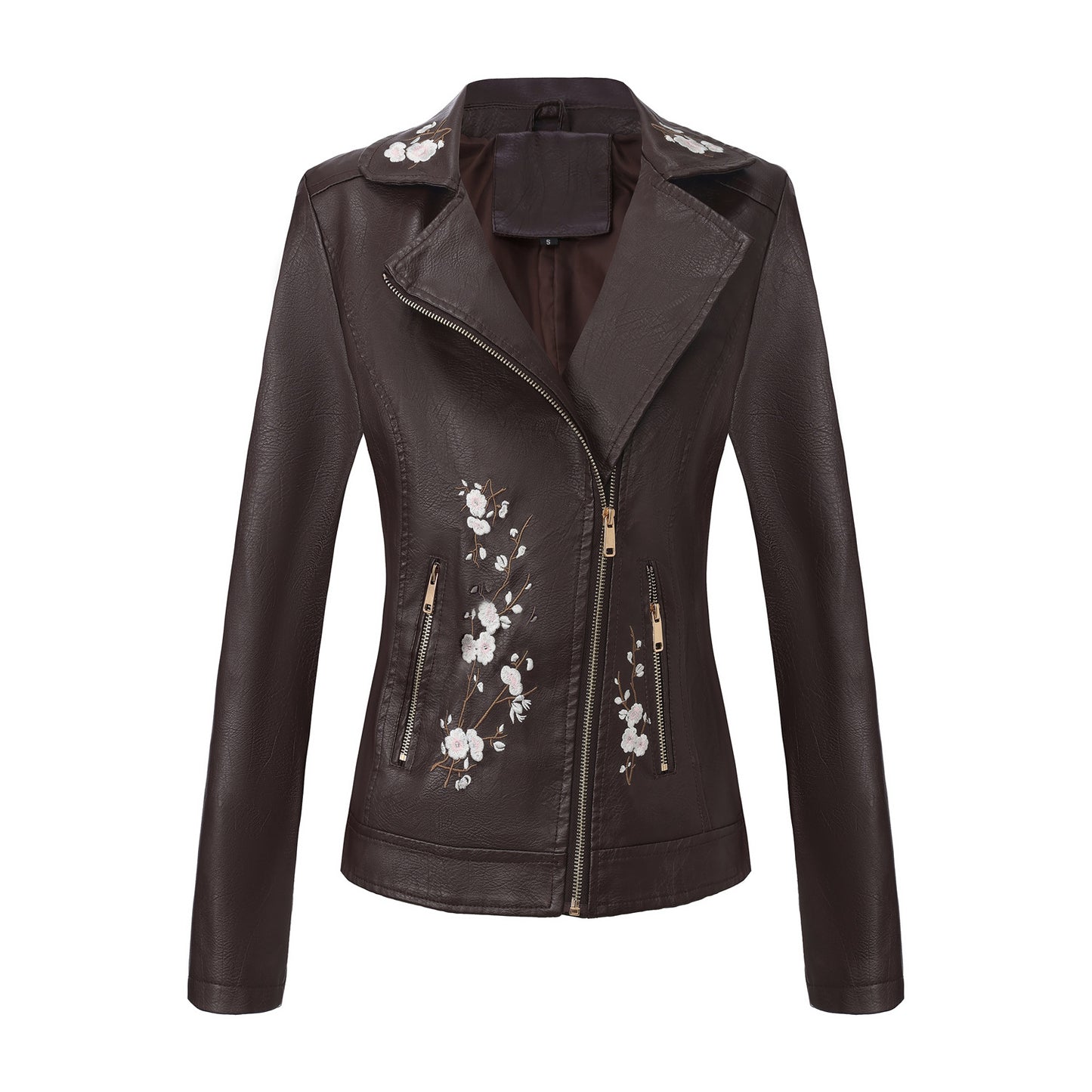 Women's Embroidered Leather Oblique Zipper Long Sleeve European Jackets