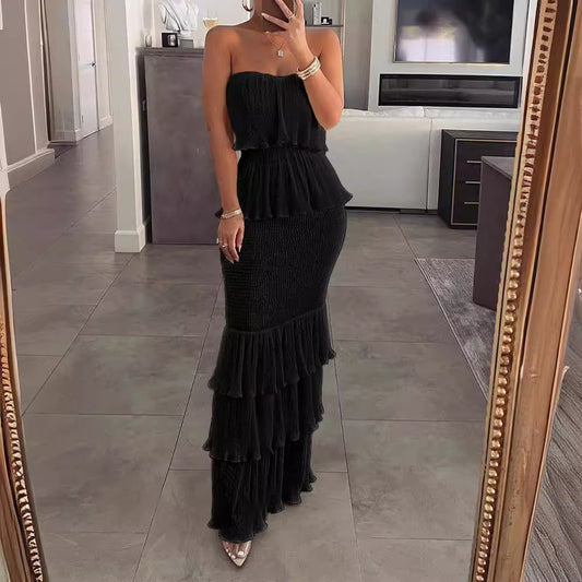 Women's Color Sleeveless Tube Smocking Pleated Ruffled Dresses