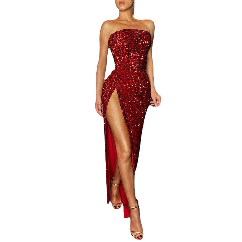 Sequin Sexy Slit Tube Dress Elegant Dresses