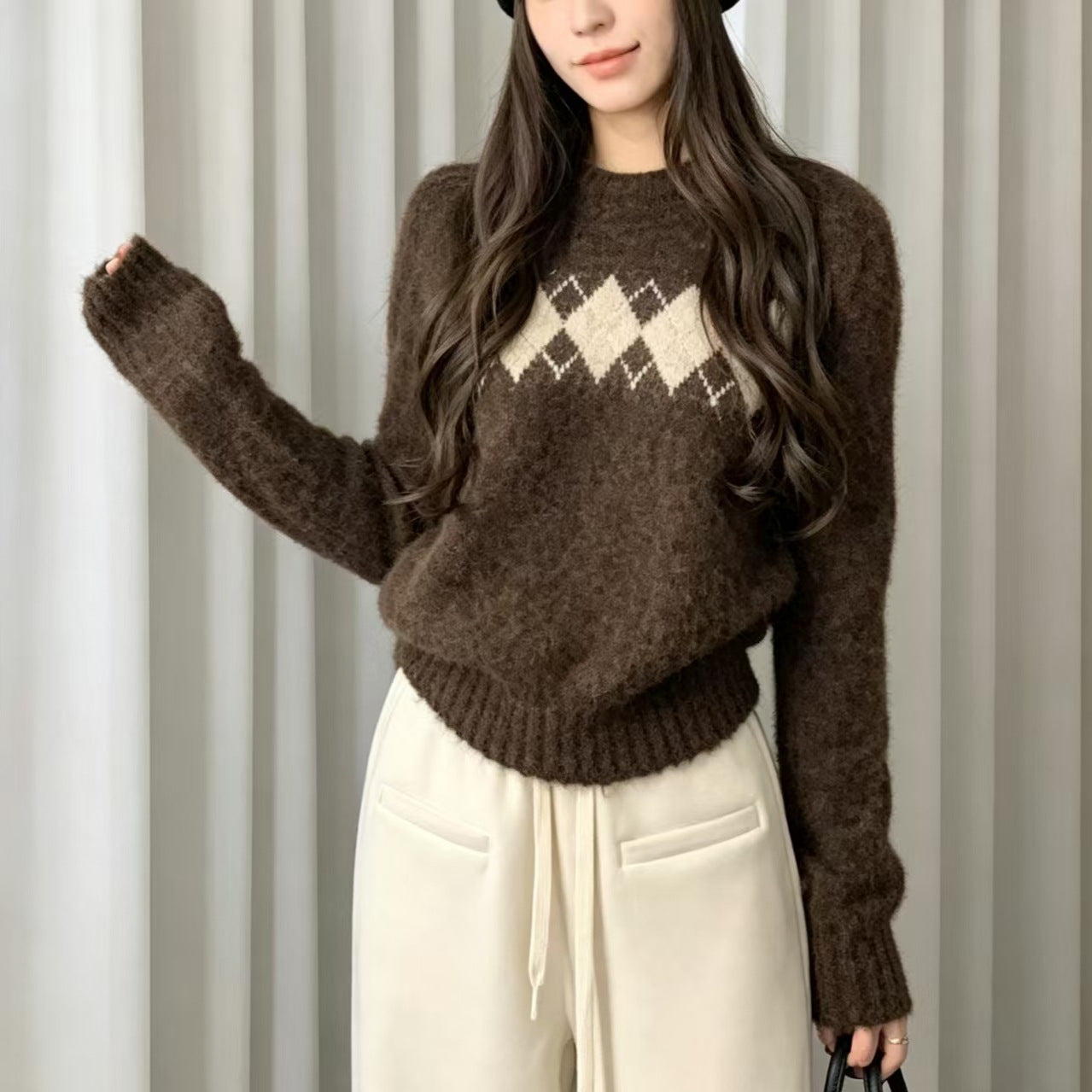 Women's Style Rhombus Jacquard Crew Neck Pullover Casual Women's Sweater