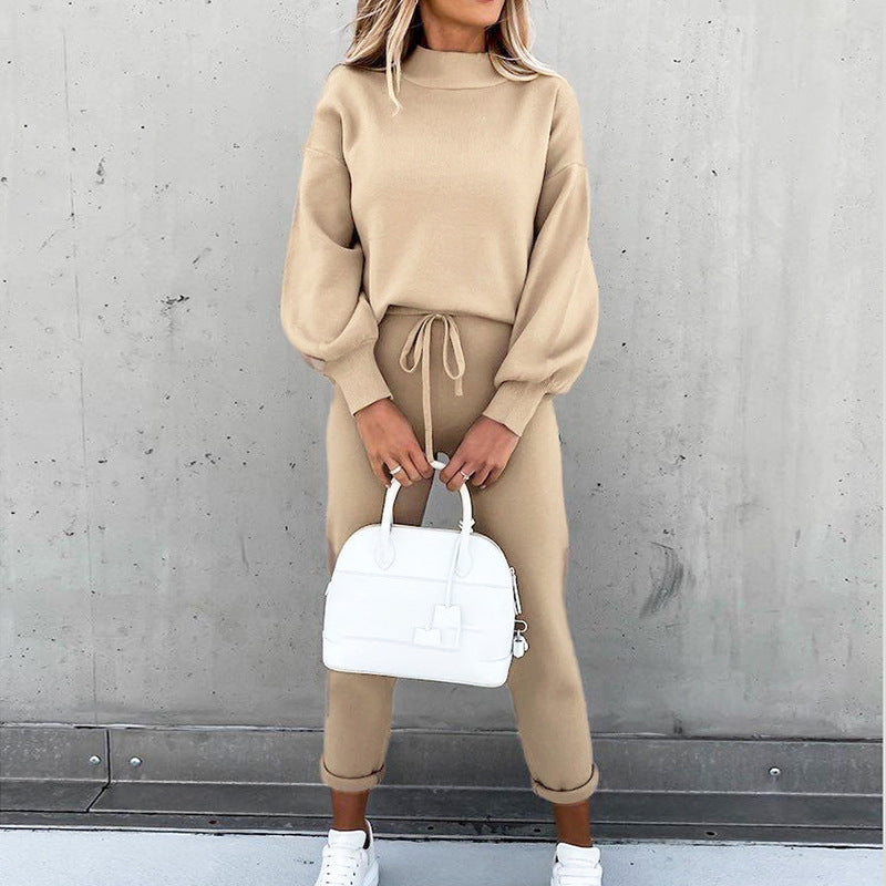 Women's Turtleneck Casual Solid Color Trousers Two-piece Suits