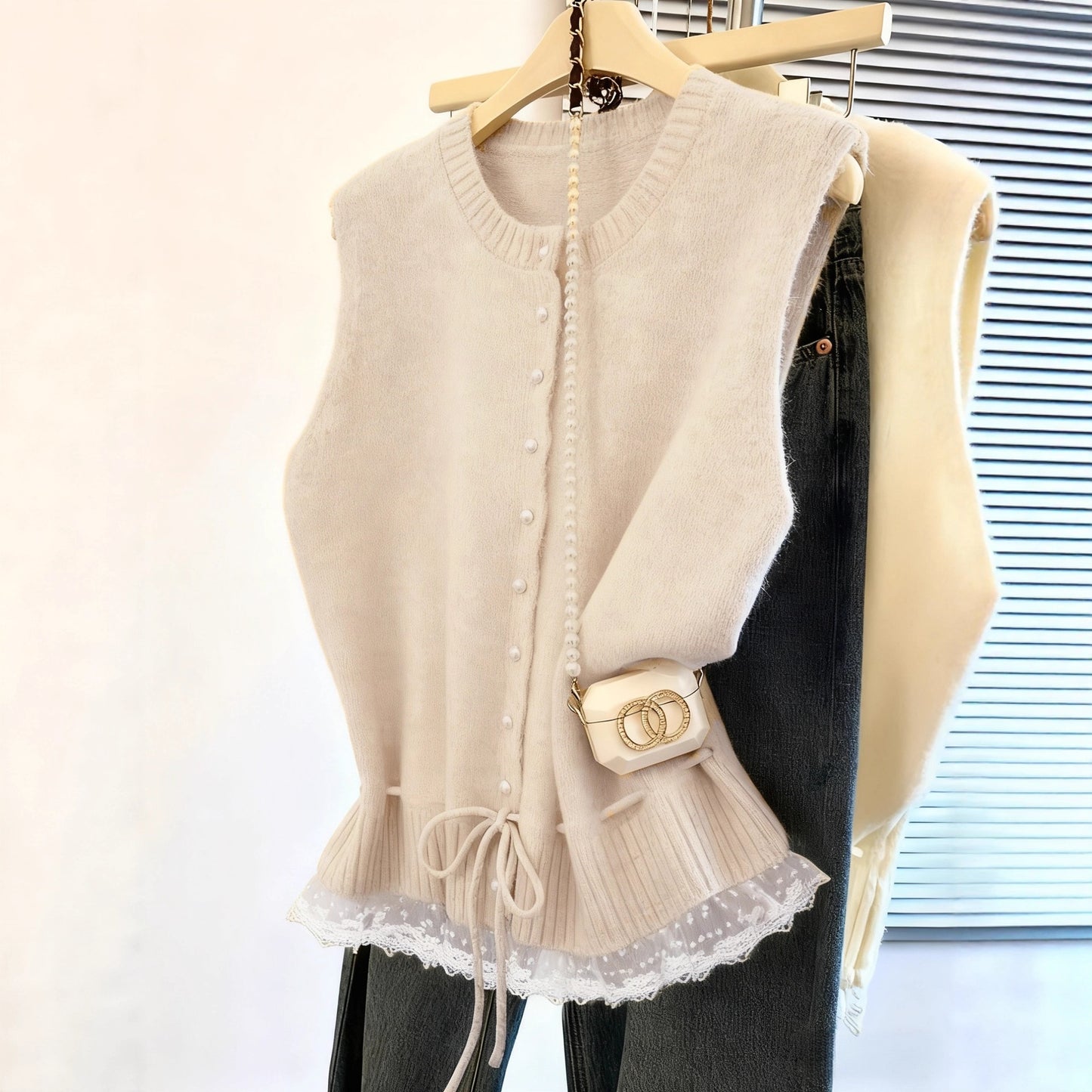 Women's Korean Round Neck Single-breasted Lace Stitching Tied Fitted Women's Sweater