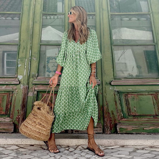Women's Autumn Geometric Print Puff Sleeve Dress Dresses