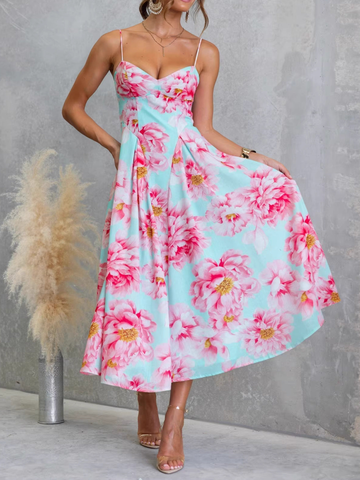 Women's Summer Flower Printed Large Swing Strap Beach Dress
