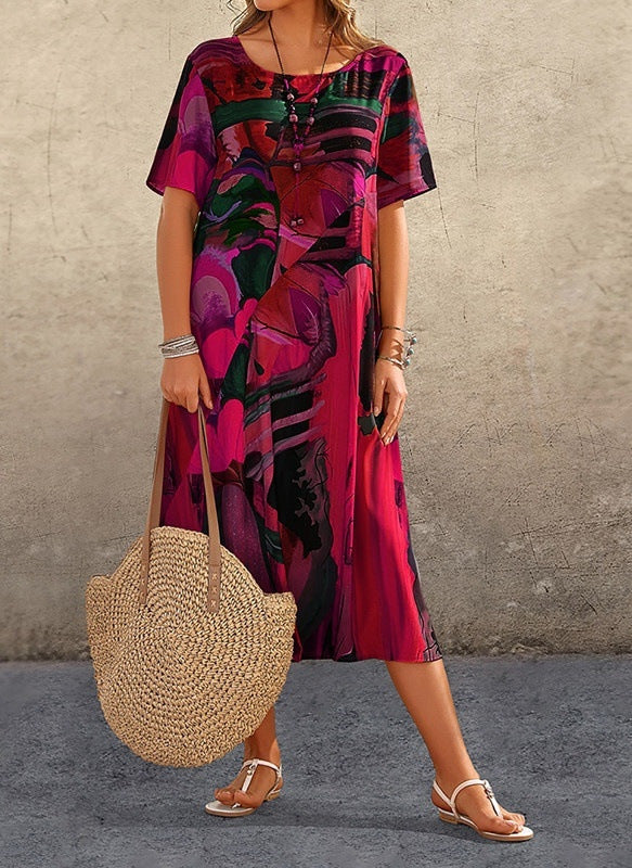 Casual Printing Summer Short-sleeved Waist Round Neck Loose Dress