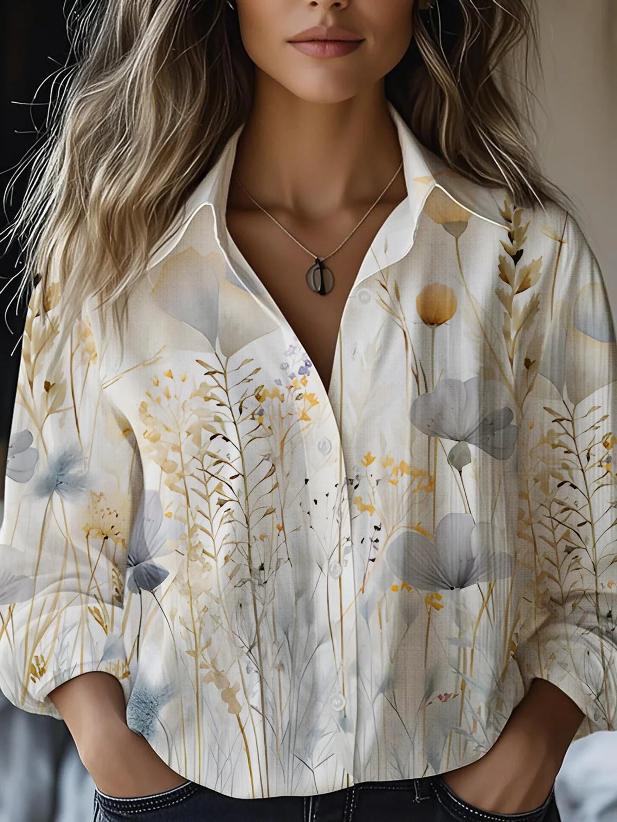 Printed Long-sleeved Shirt Imitation Cotton Linen Blouses