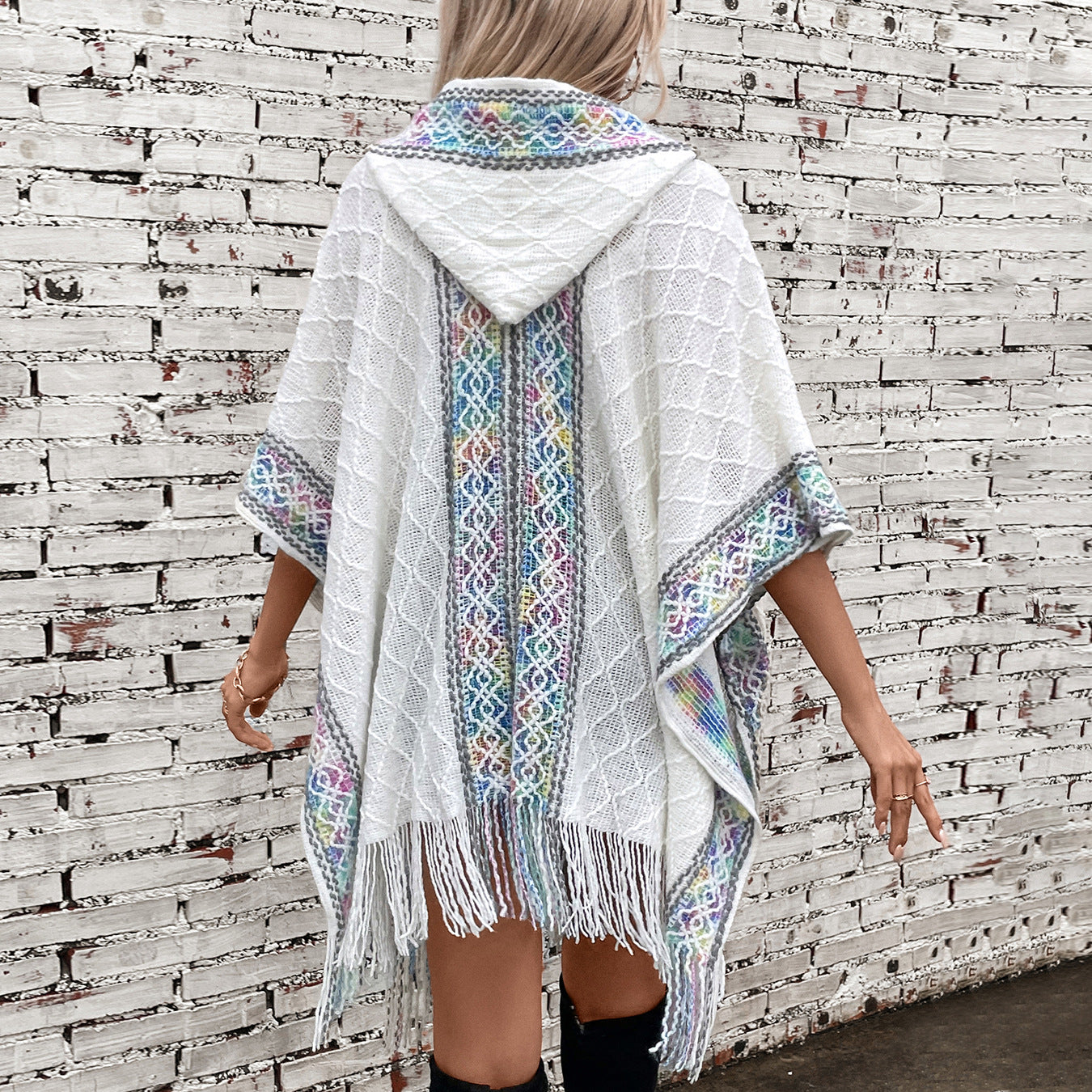 Women's Ethnic Style Knitted Hooded Tassel Cape Women's Sweater