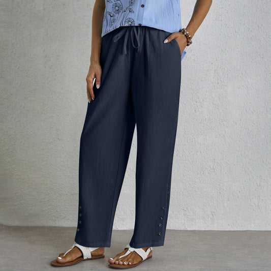 Women's Cotton Linen Drawstring Pocket Lace Button Pants