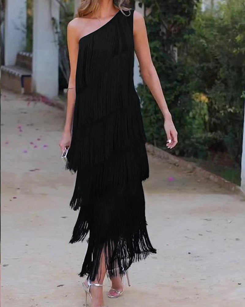 Trendy Fashion Tassel Shoulder Asymmetric Dress Dresses