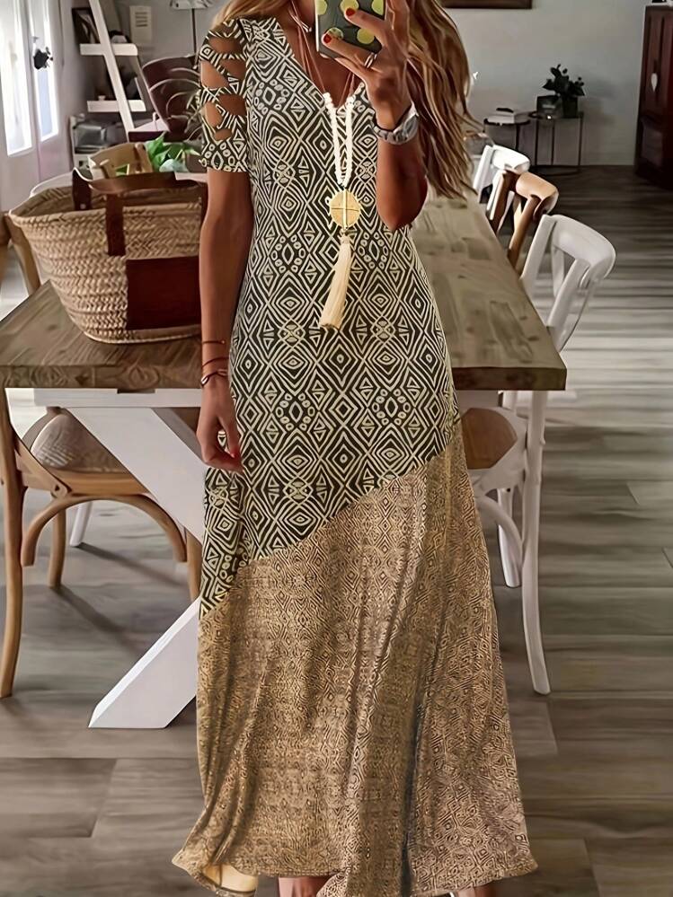 Women's Summer Hollow Casual Fashion Printing Long Dress