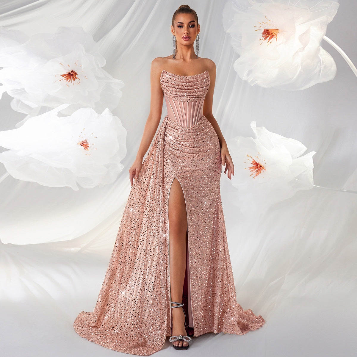 Sequined Bandeau Slimming High Slit Model Catwalk Banquet Light Dress