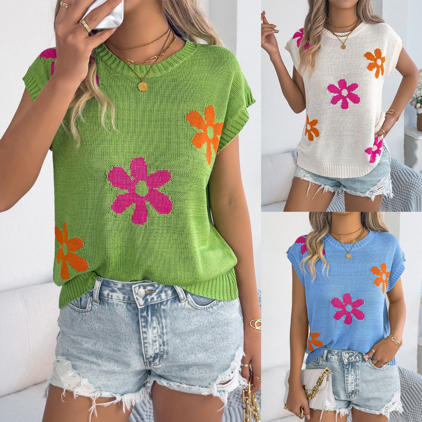 Women's Flower Casual Loose Batwing Sleeve Holiday Women's Sweater