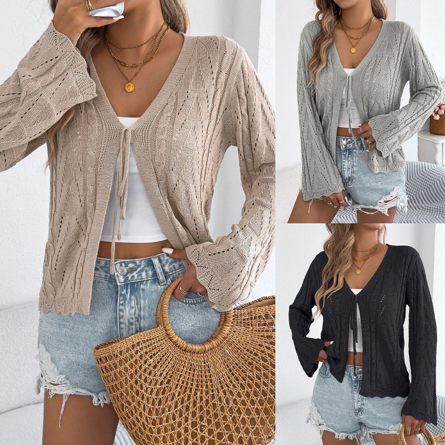 Women's Color Hollow Out Tied Flare Sleeve Cardigans