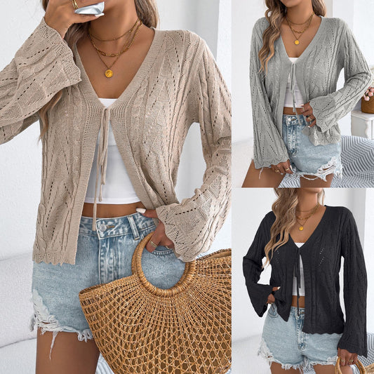 Women's Color Hollow Out Tied Flare Sleeve Cardigans