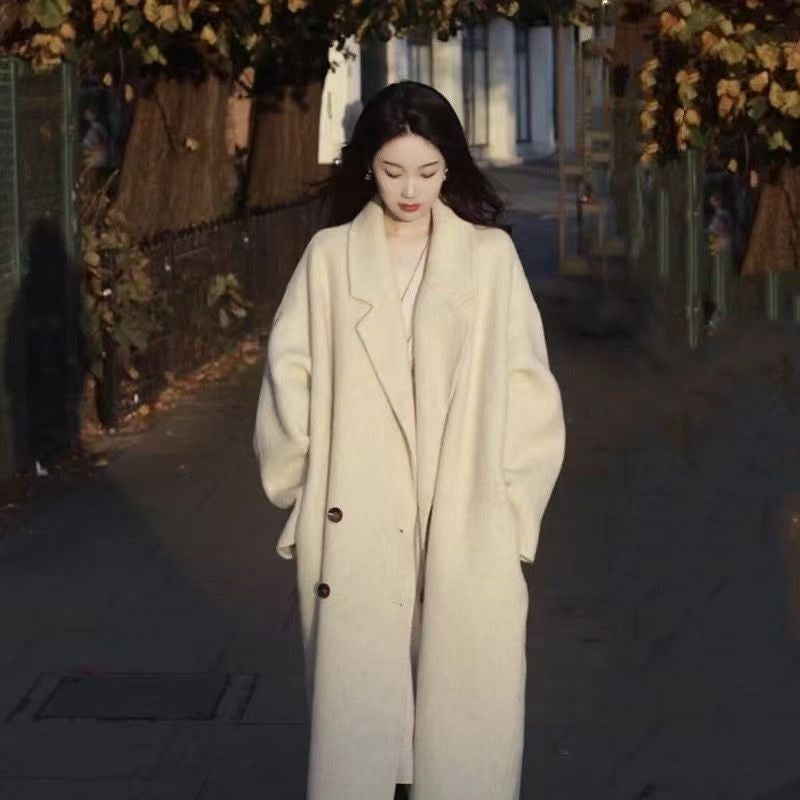 Women's Gray Korean Loose Mid-length Woolen Design Coats