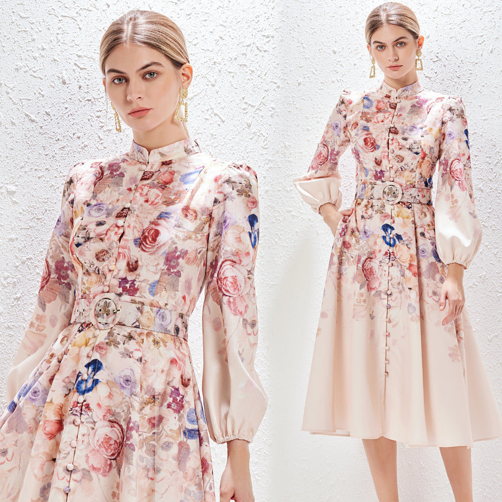 Women's Collar Single-breasted Positioning Printed Dress Pocket Temperament Dresses