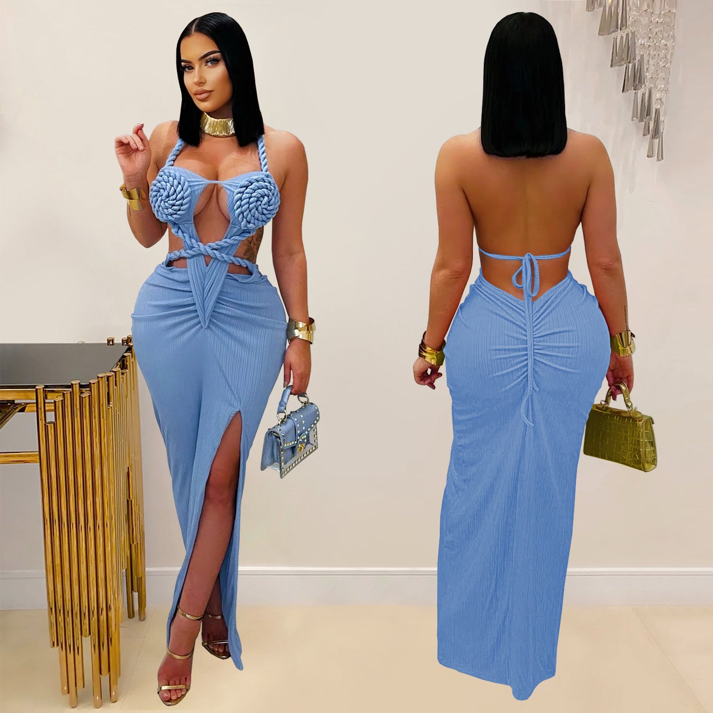 Women's Wear Sexy Knitted Halter Backless Solid Dresses