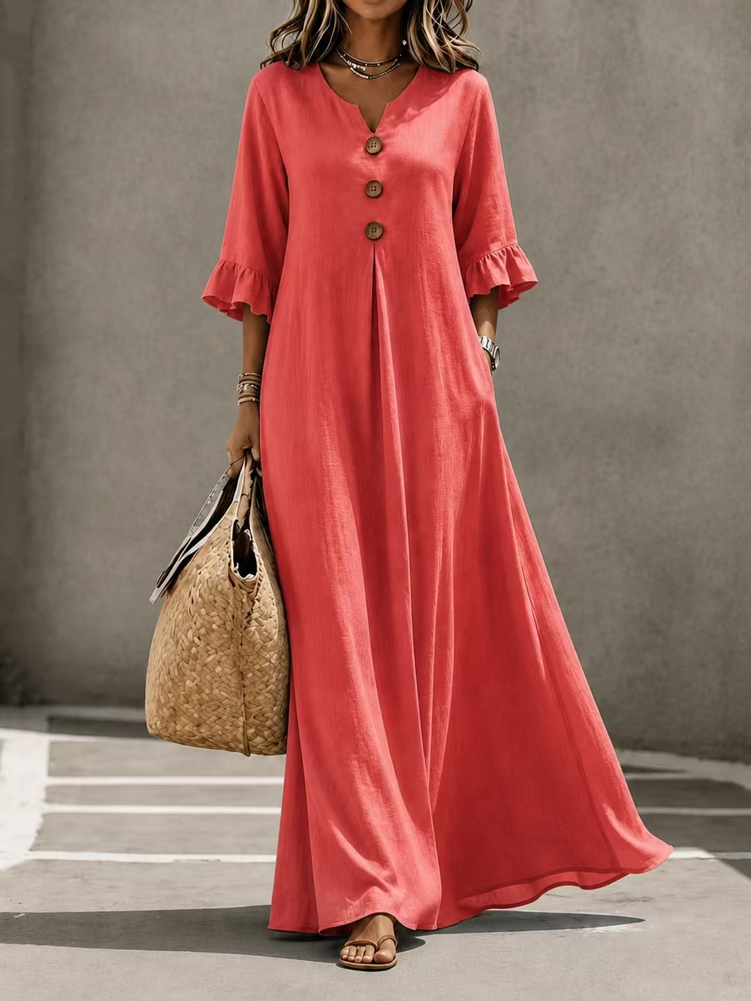 Women's Lotus Leaf Sleeve Pocket Long Fashion Dress