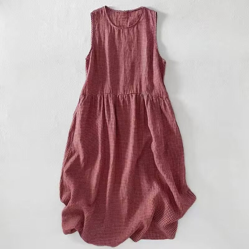 Cotton Linen Wide Hem Loose Sleeveless Design Dress