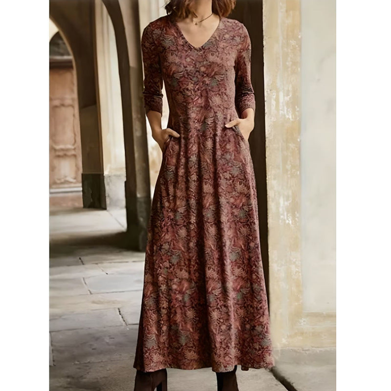 Autumn Cotton Printed Pocket Long Sleeve Dresses