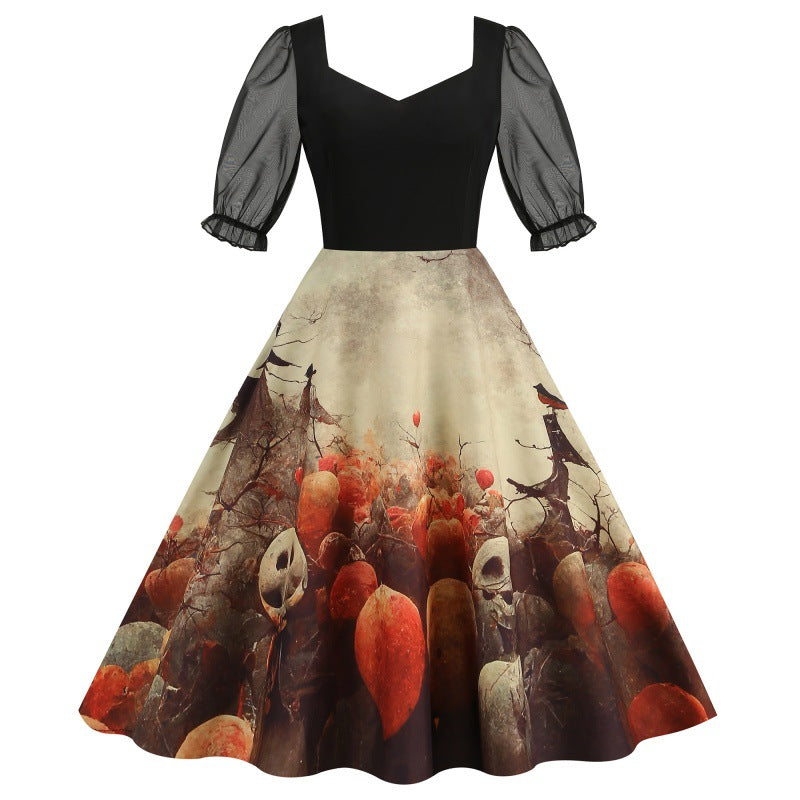 Mesh Stitching Half Sleeve Sexy Retro Printed Large Dress