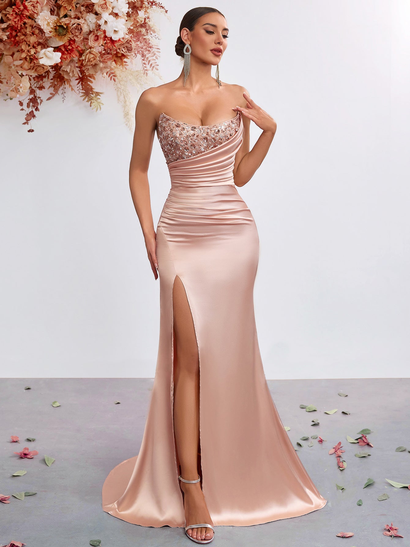 Pure Color Sequined Rhinestone Slit Banquet Dress