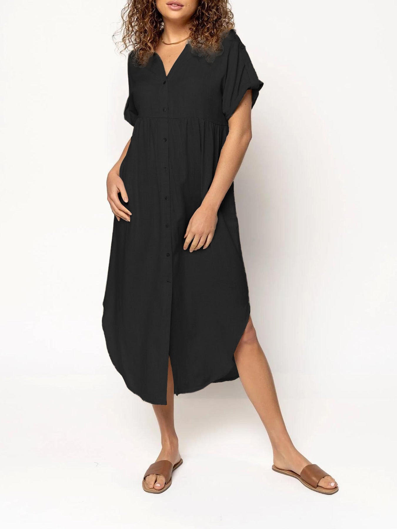 Loose Temperament Casual Solid Color Buttons Dress