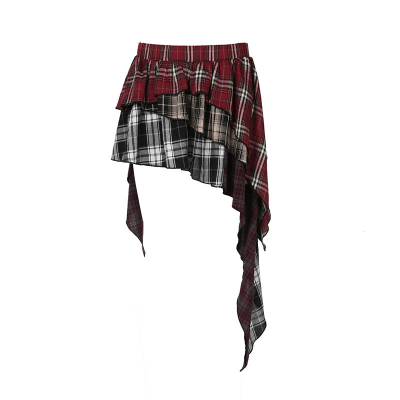 Women's Style Niche Design Stitching Plaid Irregular Contrast Color Skirts