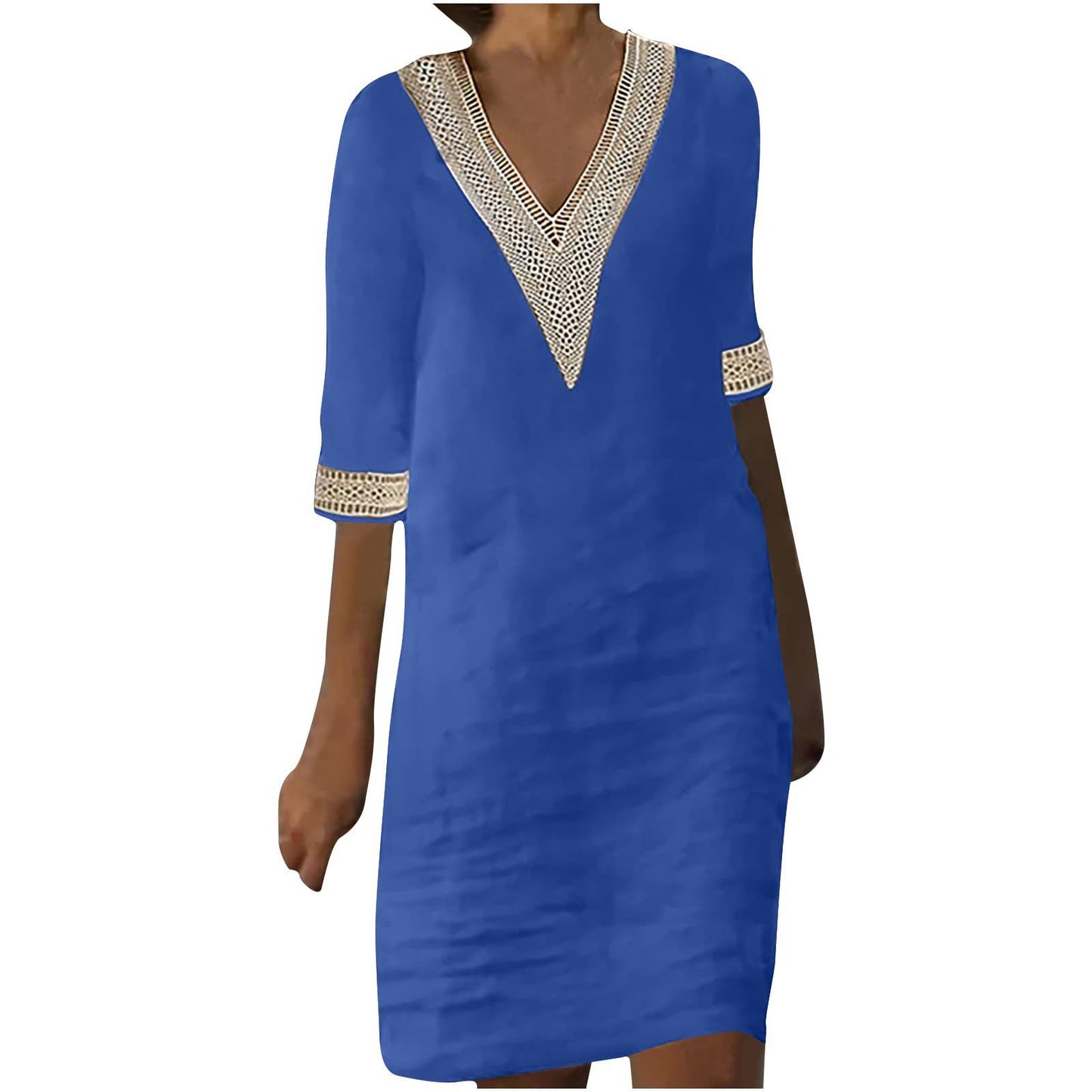 Women's Linen Small Lace Patchwork Retro Solid Dresses
