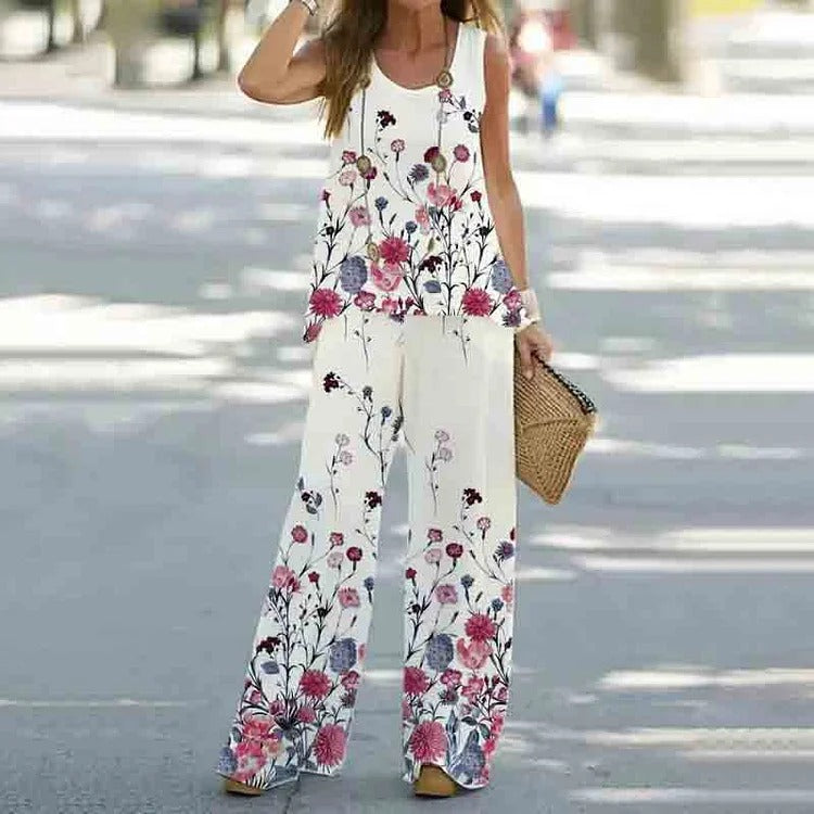 Women's Color Printed Casual Sleeveless T-shirt Trousers Suits