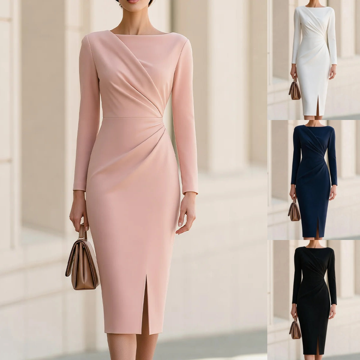 Women's Long Sleeve Commuter Pleated Waist Tight Split Sheath Dress