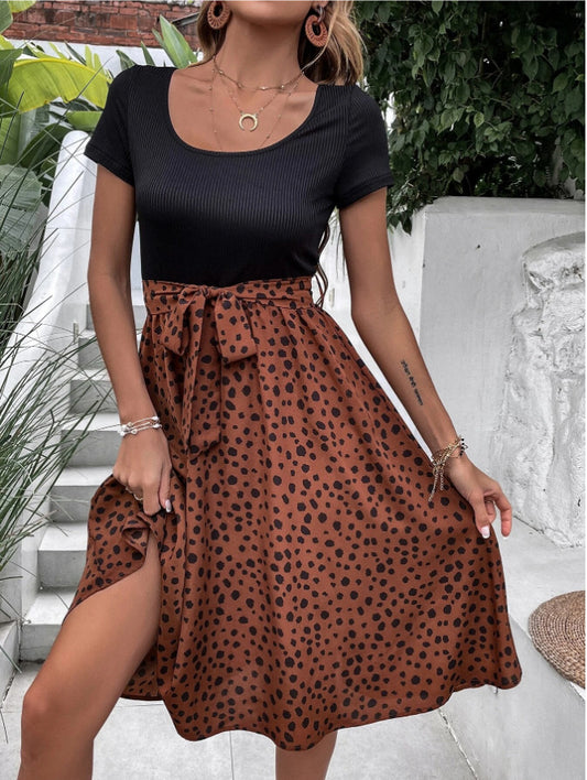 Women's Patchwork Round Neck Belt Sleeve Large Dresses